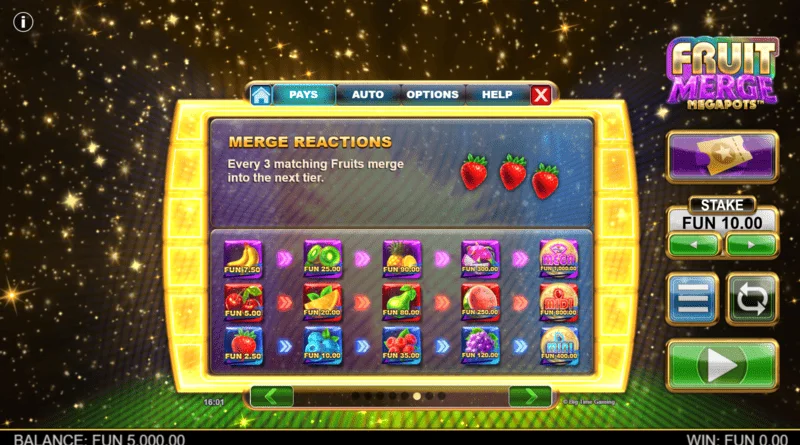 Fruit Merge Megapots - hedelmien yhdistely Hold and Spinissä